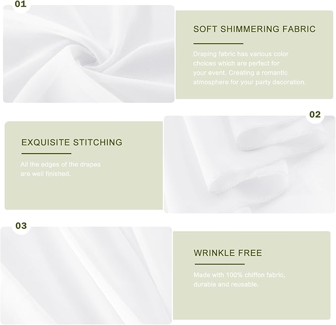 Wedding Arch Draping Fabric 29" x 18 FT White Sheer Chiffon Outdoor Curtain Drapes for Wedding Birthday Party Ceremony Decor(2 Panels, White)