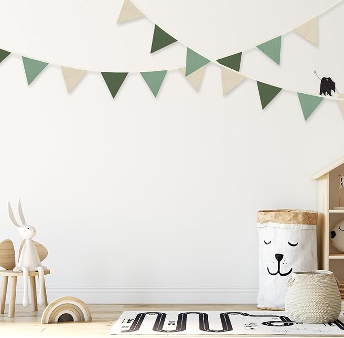 Pennant Banner Set, Cotton, 2 Strips of 10 Flags, Green and Beige