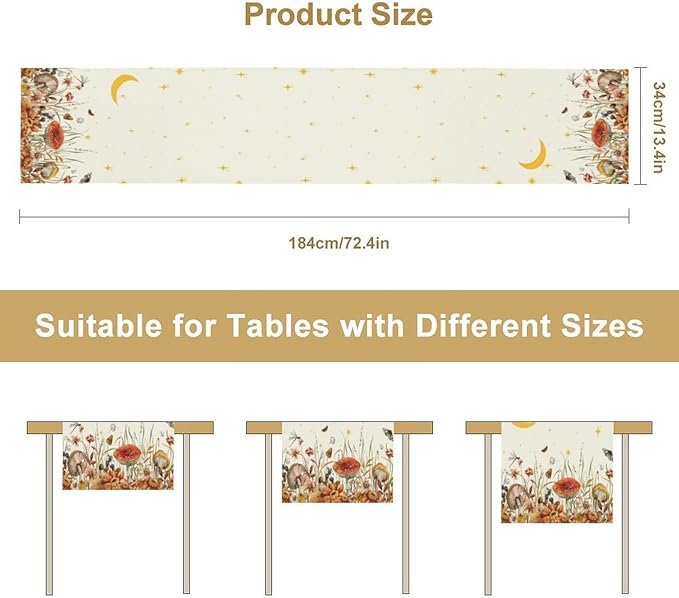 Mushroom Kitchen Table Runner, Gothic Moon Star Plants Witchy Moonlit Flower Butterfly Table Runner for Kitchen Dinner Living Room Drapes, 13x60 Inch White