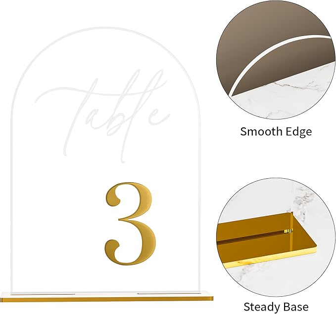 Arch Wedding Table Numbers 1-30 w/Stand, Gold 3D Table Numbers for Reception - 5.5" X 7" Elegant Acrylic Arch Sign with Holder, Perfect for Wedding, Anniversary, Banquet, and Event Decor