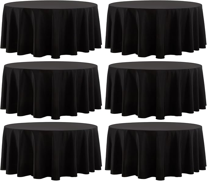 Tablecloths: Round Black Polyester, 132 Inch, 6 Pack Set