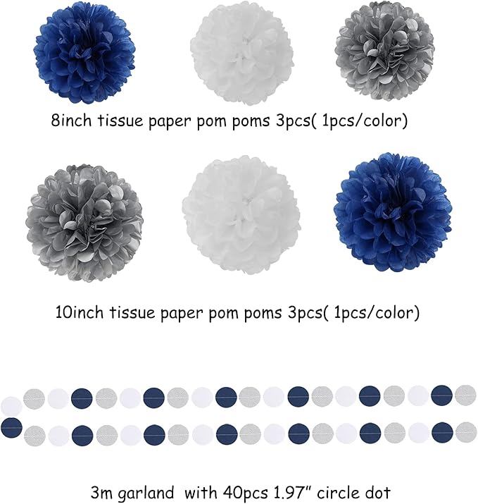 Navy Blue White Silver Party Decorations,23pcs Kit Graduation 2025 Tissue Paper Pom Poms Streamers,Tassel Garland Banner Flowers,Men Birthday Bachelorette Baby Shower Christmas Decor Lasting Surprise