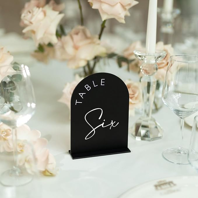 Place Cards: Black Acrylic Arch Table Numbers 1-15, 5x7 Inch with Stands