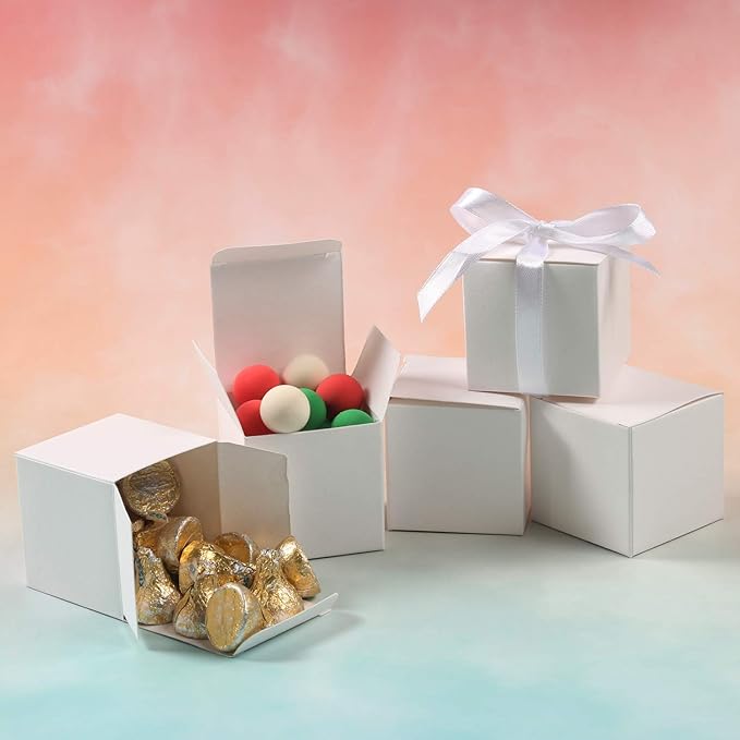 COTOPHER 100pcs Wedding Favor Boxes, Paper Gift Boxes 3x3x3 Inches Small Gift Boxes with Ribbons Small Boxes for Gifts, Crafting, Cupcake, Candy, Bridesmaid Proposal Boxes，Easy Assemble Boxes (White)