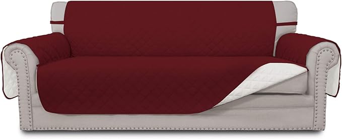 Sofa Slipcover for 3-Cushion Couch, Reversible Red/Ivory Quilted Microfiber