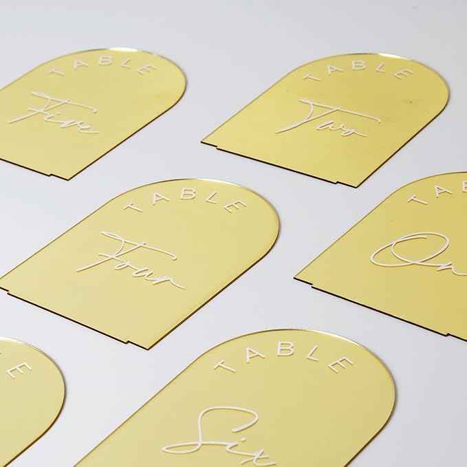 Place Cards: Gold Mirror Acrylic Arch Table Numbers 1-20, 5x7 Inch with Stands