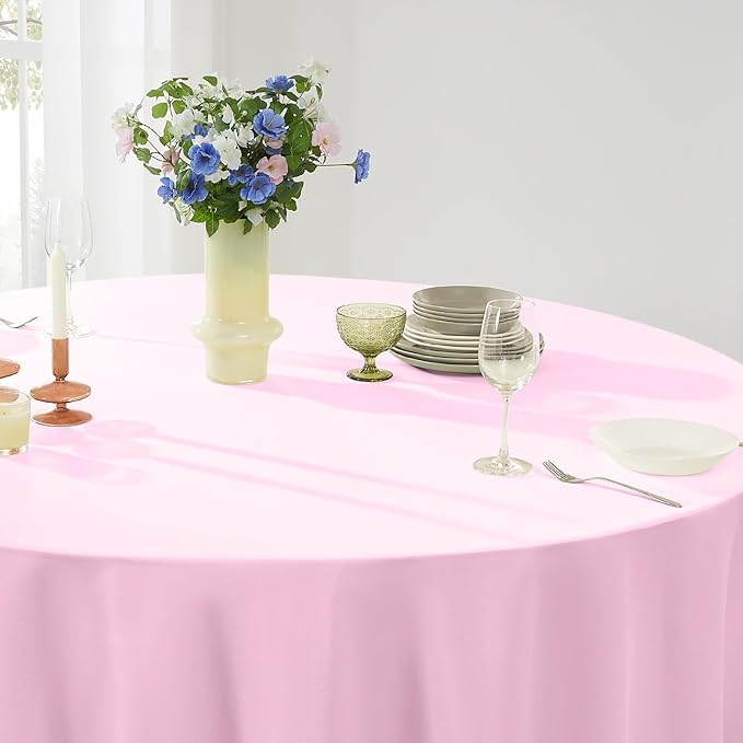 Tablecloths | Round Pink Polyester 132 Inch Washable