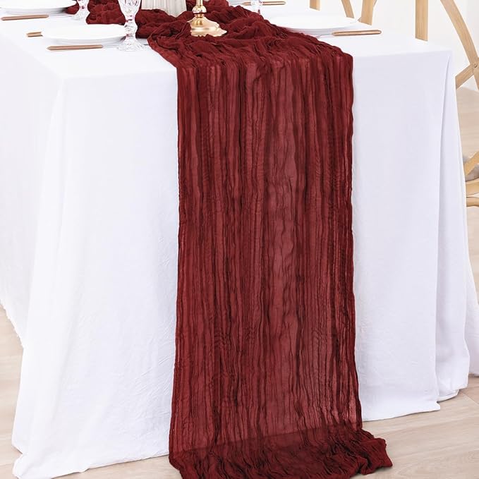 MLMW 4 Pack Christmas Table Runner Cheesecloth Burgundy Boho Cheese Cloth 160 inch Gauze Rustic Sheer Table Runner 13.3ft for Party Wedding Baby Bridal Shower Birthday