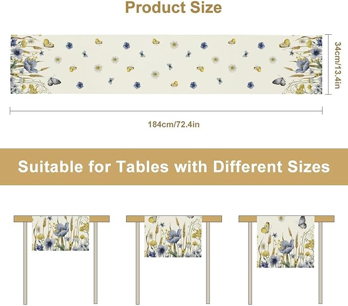 Floral Table Runner, Spring Watercolor Flower Plants Nature Butterfly Table Runner for Kitchen Dinner Living Room Home Party, 13x36 Inch