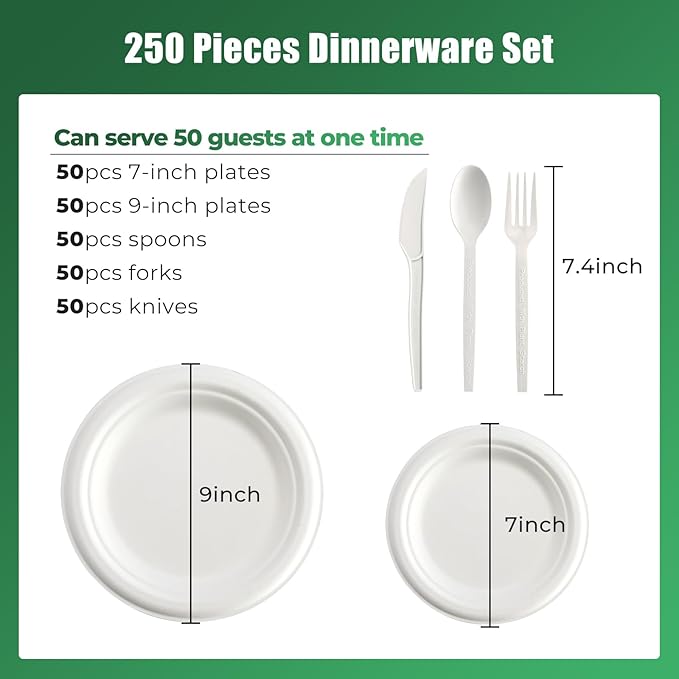 Disposable Plates Set, 250 Pcs White Round Bagasse Dinnerware