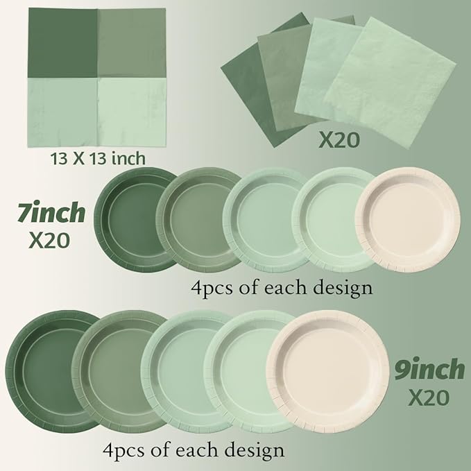 Party Packs - 60 Piece Sage Green Gradient Paper Plates and Napkins Set
