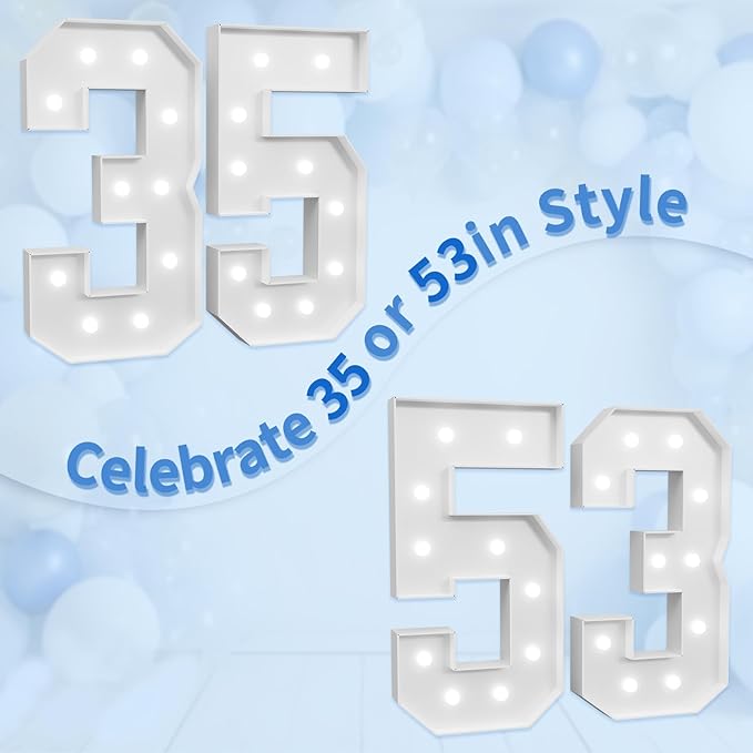 Marquee Numbers Large 53rd-Birthday Decorations: 4ft Light Up Number Party Decor 53 Year Old Women And Men 35th Birthday Decoration Backdrop Anniversary Cardboard Big Mosaic Balloon Frame Number 53