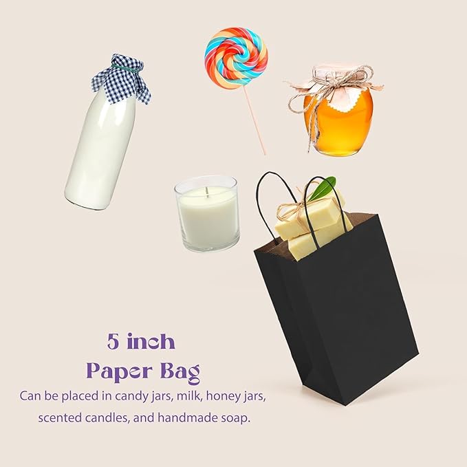Gift Bags Black Kraft Paper with Handles, 500 Count