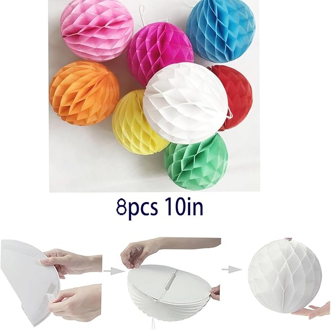 8pcs 10 Inch Paper Honeycomb Balls Decorative Tissue Pom Poms Flower Art Hanging Balls for Birthday Wedding Nursery Baby Shower Home Decor (10inch, Multi-Color)