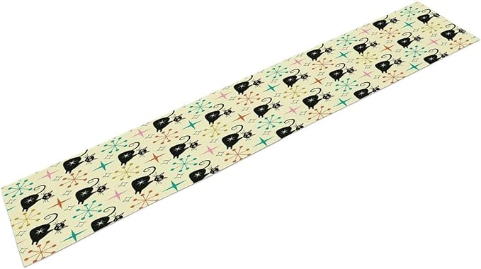 Mid Cat Table Runner, Vintage Black Cat and Atomic Stars 1950s 1960s Abstract Geometric Space Pattern Table Decoration for Home Kitchen Restaurant 13x36 Inches