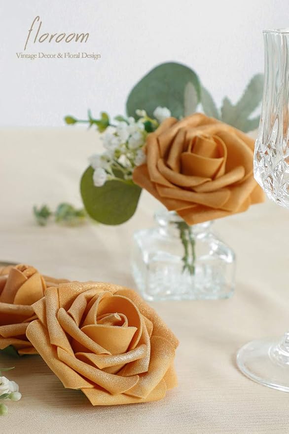 Floroom Artificial Flowers 50pcs Real Looking Gold Foam Fake Roses with Stems for DIY Wedding Bouquets Bridal Shower Centerpieces Floral Arrangements Party Tables Home Decorations