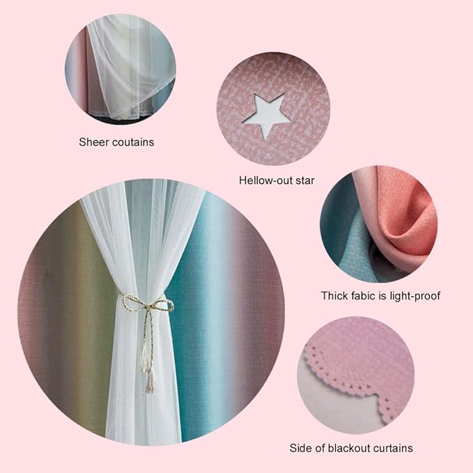 FANLI Ombre Rainbow Blackout Curtains for Kid Girls Bedroom Living Room Darking Stripe Double Layer Star Cut Out Wall Home Decor Gradient Grommet Window Curtains (Pink/Blue, 52W x 84L)