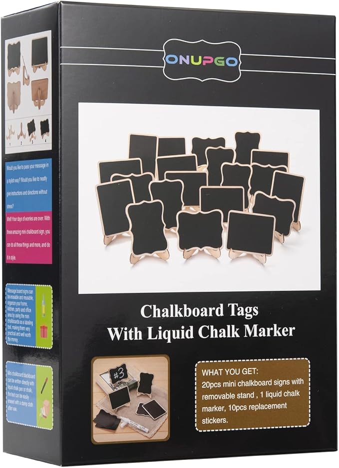 ONUPGO 20 Pack Mini Chalkboards Signs with 1 Liquid Chalk Marker, Small Wooden Chalkboard Labels with Support Easels, Place Cards Food Signs Blackboards for Table Numbers, Weddings, Party Decoration