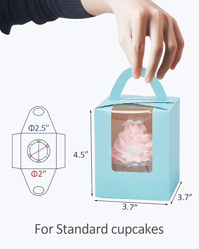 Cupcake Carriers 50 Pack Light Blue Auto-Pop Boxes with Holder Inserts