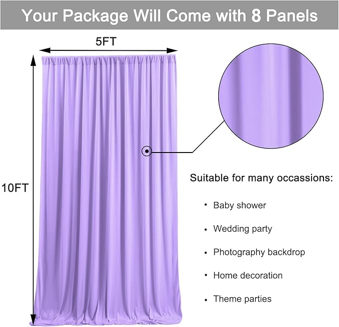 Lavender Backdrop Curtain Set of 8 Panels, Wrinkle-Free Polyester, 5x10 ft