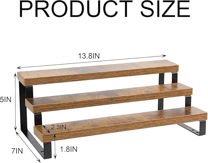 4-Tier Wooden Display Riser Shelf Stand for, Makeup, Cupcake, Condiment & Dolls Collection Home Decor Organizer, Expandable for Pantry/Counter (Brown, 3-Tier)