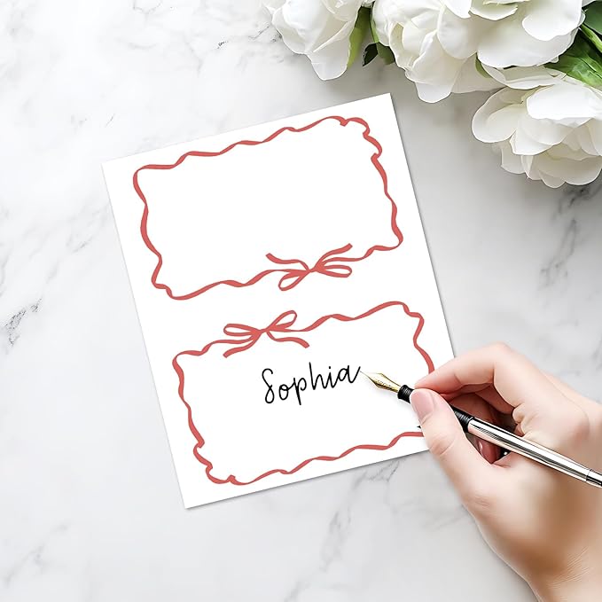 25 Pack Red Bow Wave Place Cards, Editable Name Cards for Table Setting, Tent Cards Food Label for Dinner Party, Bridal Shower, Wedding, Baby Shower and Events -T13