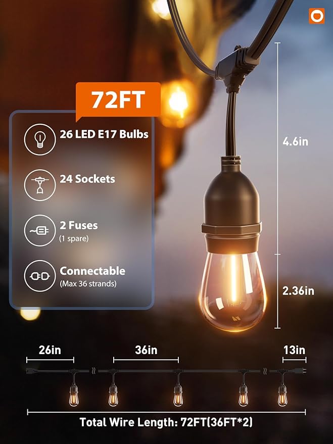 String Lights 72 FT Outdoor Warm White LED Shatterproof Edison Bulbs