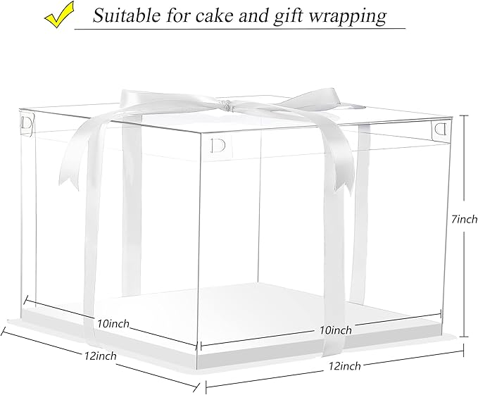 Bakery Cake Boxes, Clear 12x12x7 Inch, 6 Pack with White Ribbon