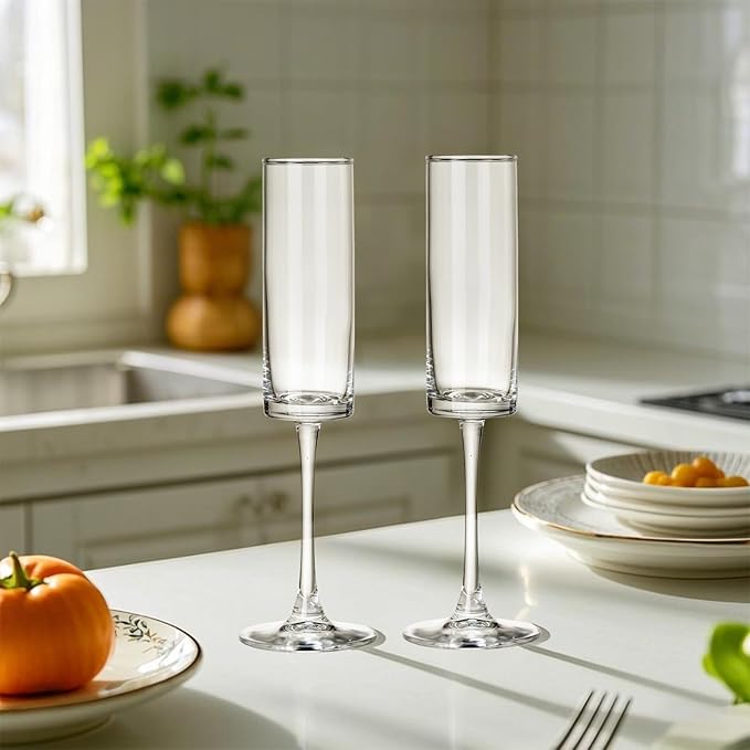 12 Pieces Clear Champagne Flutes 6 OZ Straight Sided Wine Glasses Champagne Long Stem Drinking Colored Glasses,Set of 12 Hand Blown Champagne Flutes Goblets for Wedding Cocktail Cups,Cava, Prosecco