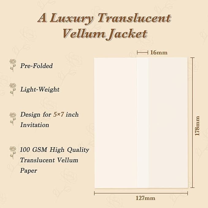 60 Pack Pre-Folded Vellum Jackets for 5x7 Invitations, Translucent Vellum Paper 5x7 Jackets, 100GSM Wedding Invitations Wraps, Envelope Liners for Birthdays, Baby Showers