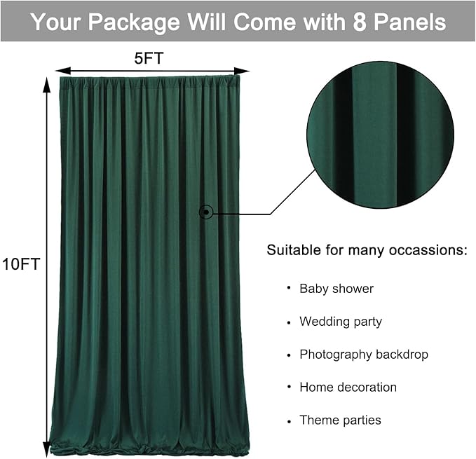 Backdrop Curtain Set – Hunter Green Polyester, 8 Panels, 5 ft x 10 ft Each