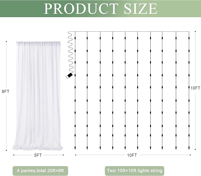 Tulle Backdrop Curtain with Lights String 20 X 8FT White Sheer Tulle Backdrop Curtains for Wedding Birthday Party Reception Photo Booth Background Decorations (4 Panels 5x8FT)
