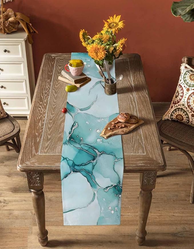 Turquoise Marble Cotton Linen Table Runner for Dining Kitchen, Wedding Outdoor Party Tablerunners Decoration, Nature Marble Crack Country Retro Dresser Scarf Coffee Tablecloth Runners 13x48 Inches