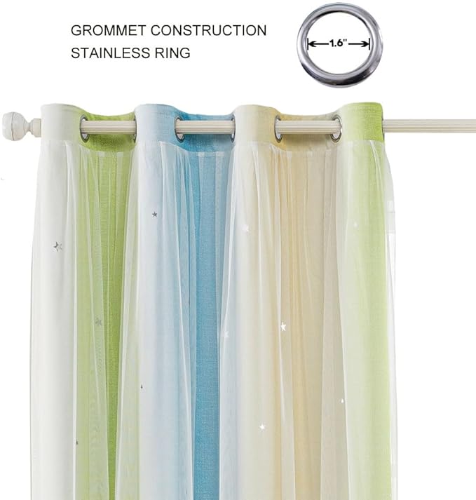 FANLI Ombre Rainbow Blackout Curtains for Kid Girls Bedroom Living Room Darking Stripe Double Layer Star Cut Out Wall Home Decor Gradient Grommet Window Curtains （Blue Green 52Wx72L）