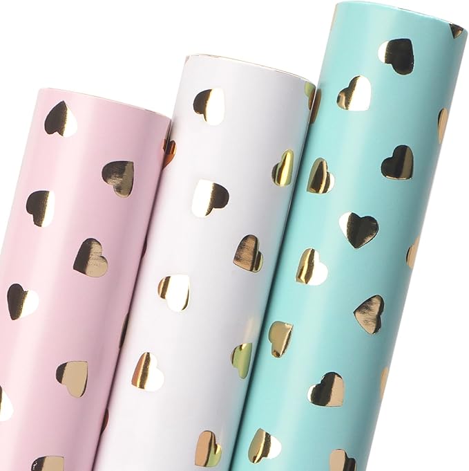 Ribbli Birthday Wrapping Paper Heart Foil Mini Roll Gift Wrap for Women Girls Anniversary Mother's Day Valentine’s Day Wedding 17 inch x 120 inch(10feet) Per Roll