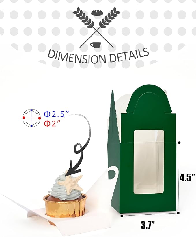 Cupcake Carriers in Deep Green, 50 Pack with Inserts, Disposable Cardboard
