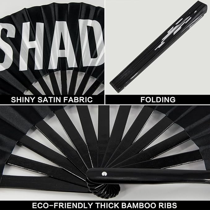 UV Glow Rave Fan, Bamboo Folding Clack Hand Fans Foldable for Men Women, Boots on the Ground Poping Fan for EDM Festival Line Dance Decoration, (Shade Pattern, Large 13")