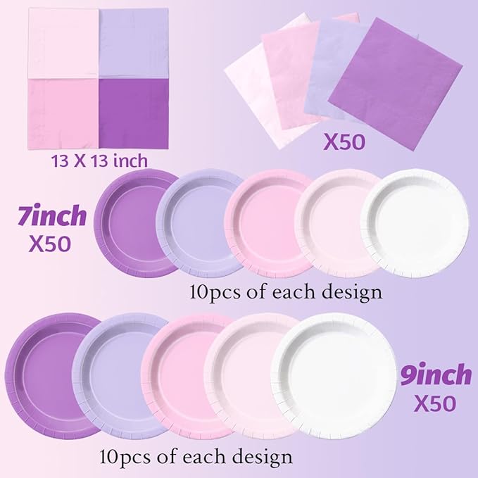 Disposable Paper Party Plates and Napkins, 150 Pcs Pink and Purple Set