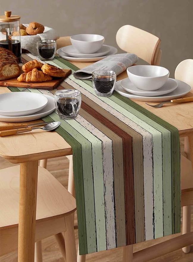 Sage Green Wooden Cotton Linen Table Runner for Dining Kitchen, Wedding Outdoor Party Tablerunners Decoration, Vintage Country Retro Distressed Grain Dresser Scarf Coffee Tablecloth Runners 13''x72''