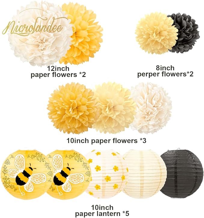 Tissue Pom Poms and Paper Lanterns, 12 Pieces, Yellow Bee Design
