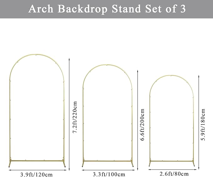 Party Backdrop Arch Stand Set, 3 Pieces, White Powder Coated Metal