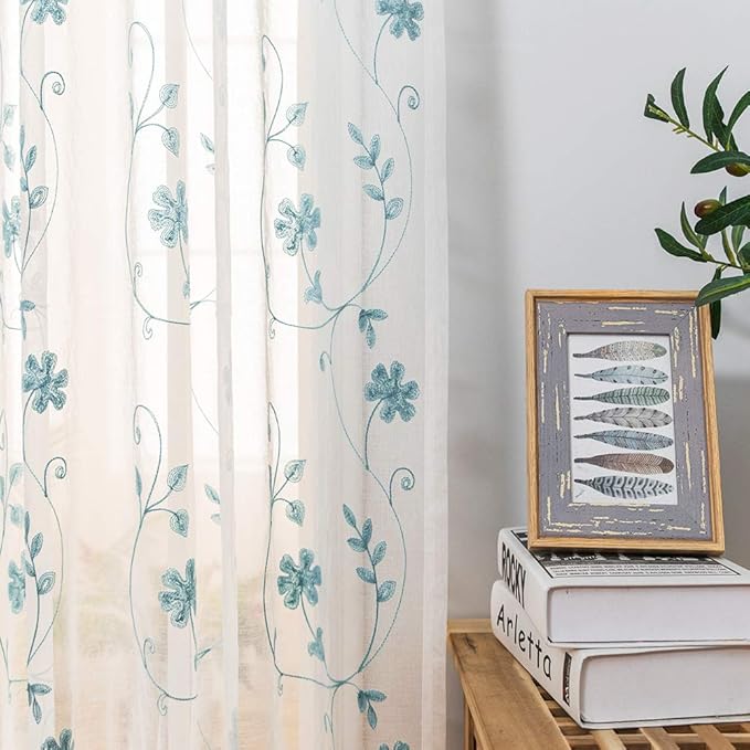 Sheer Curtains Blue 45 Inch Embroidered Floral, Rod Pocket Voile Drapes for Living room, Bedroom, Window Treatments Semi Crinkle Curtain Panels for Yard, Patio, Villa, Parlor, Set of 2, 52"x 45".