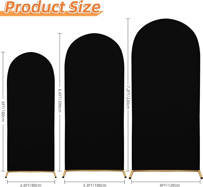 Wedding Arch Covers Arch Backdrop Cover Arch Stand Covers 7.2FT 6.6FT 6FT Set of 3 Arch Cover Spandex Fabric Stretchy Backdrop for Wedding Birthday Party Decoration Baby Shower (Black, Cover Only)
