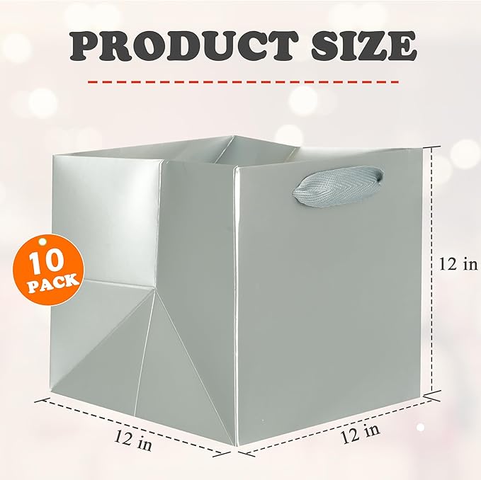 Gift Bags - Silver Square Bottom Paper with Handles, 12x12 Inch, Pack of 10