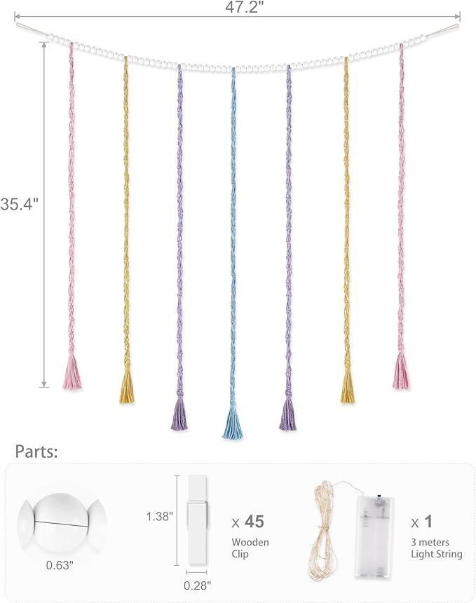 Mkono Macrame Hanging Photo Display Wall Decor with String Lights, Boho Wooden Beads Garland Collage Picture Card Frame Holder with 45 Clips for Bedroom Living Room Dorm, Teen Girls Christmas Gifts