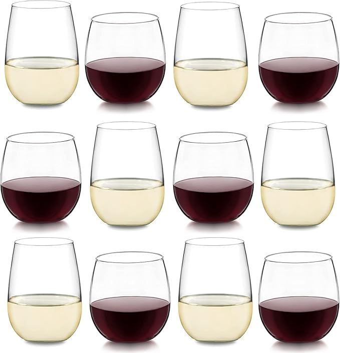 Wine Glasses Set of 12, Stemless Red and White, Dishwasher Safe