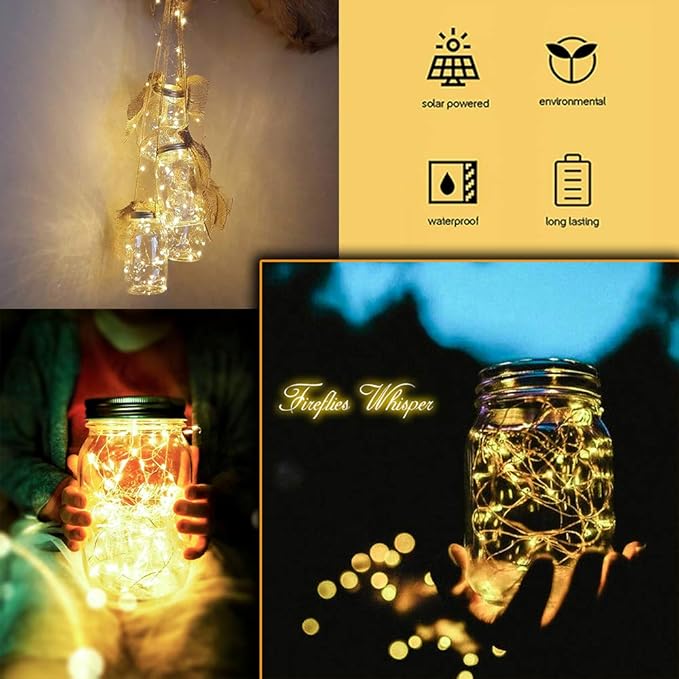 Solar Mason Jar Lights [Updated], 8 Pack 20 LED Waterproof Fairy Firefly Jar Lids String Lights with Hangers(NO JARS), Patio Yard Garden Wedding Decoration - Warm White