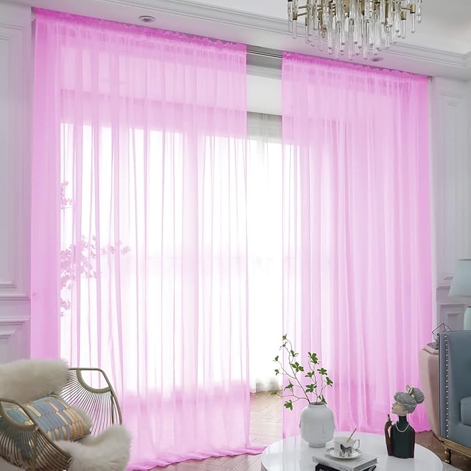 Window Pink Sheer Curtains 63 Inches Long 2 Panels Sheer Curtain Basic Rod Pocket Panel for Bedroom Children Living Room Yard Kitchen (Pink, 52" W x 63" L | 2 pcs)