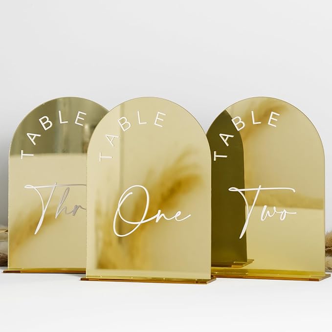 Table Number Signs 1-30, Gold Mirror Acrylic Arch Design, 5x7 Inch