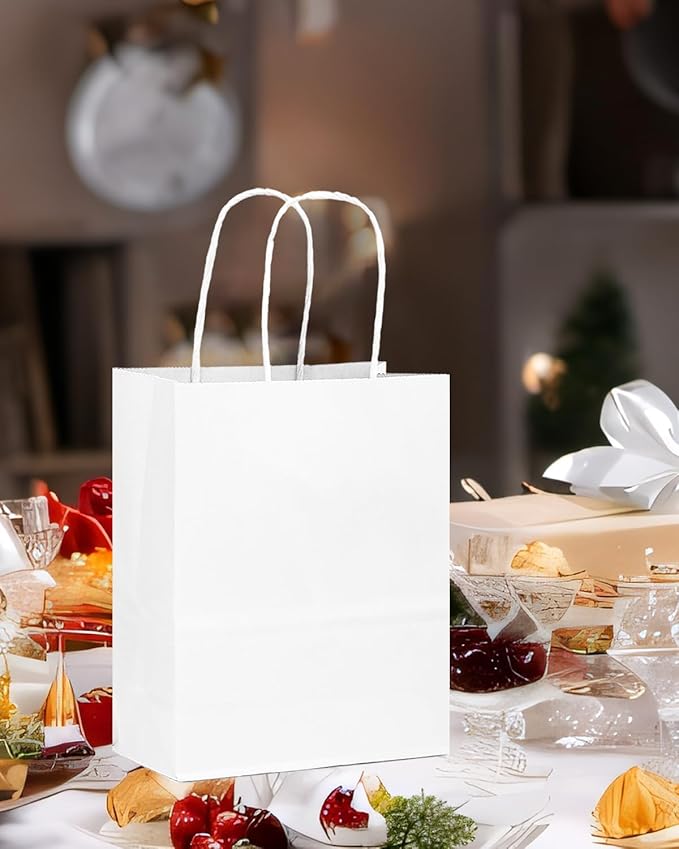 qiqee 50-Packs White Paper Gift Bags with Handles Bulk 11"x8.3"x4.3" Medium Size Paper Bags Multiple Uses